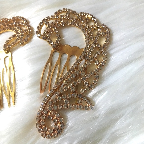 Gold Rhinestone Comb Set Ornate Hair Accessories - Picture 3 of 6